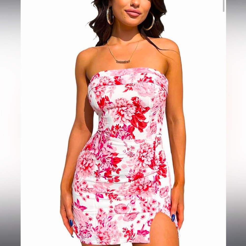 Light Red and White Floral Strapless Mini Dress